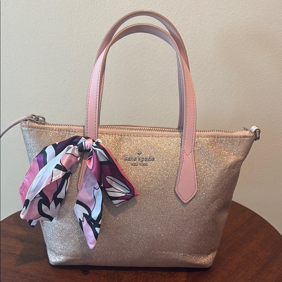 Kate Spade  Glitter satchel  leather gold glitter  pink handles  Sweet  GUC - Picture 1 of 17